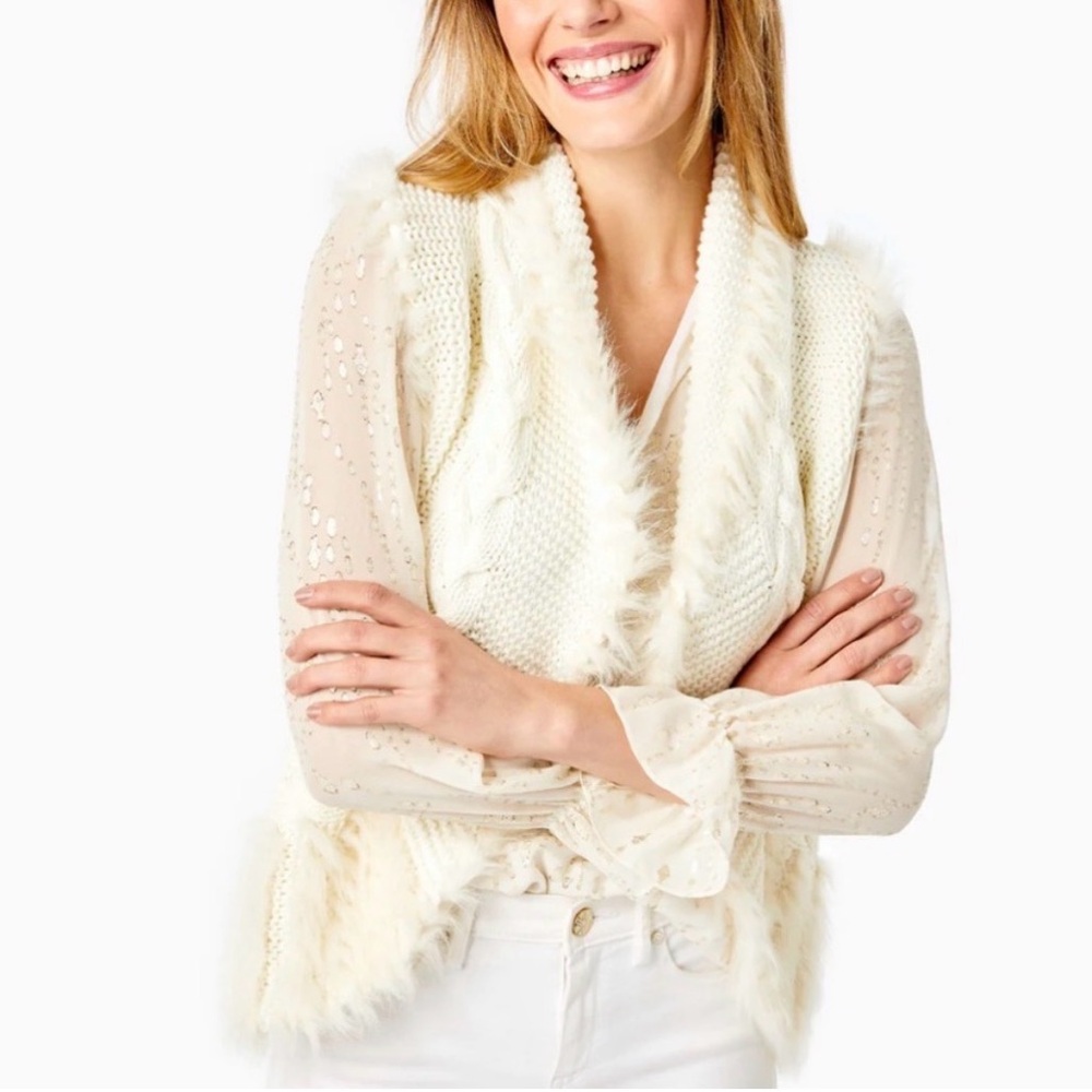 Lily Pulitzer Torini Sweater Vest Faux Fur Trim White Open Front Knit Women's L